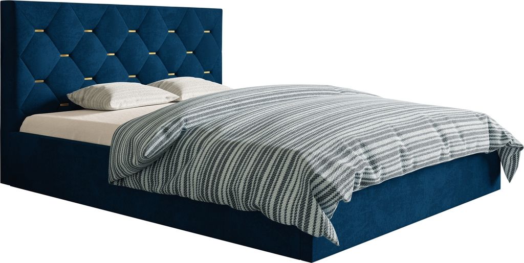 Polsterbett 140x200 Balma mit Bettkasten, Metall Lattenrost - Kopfteil mit goldene Accessoires - Samt Dunkelblau