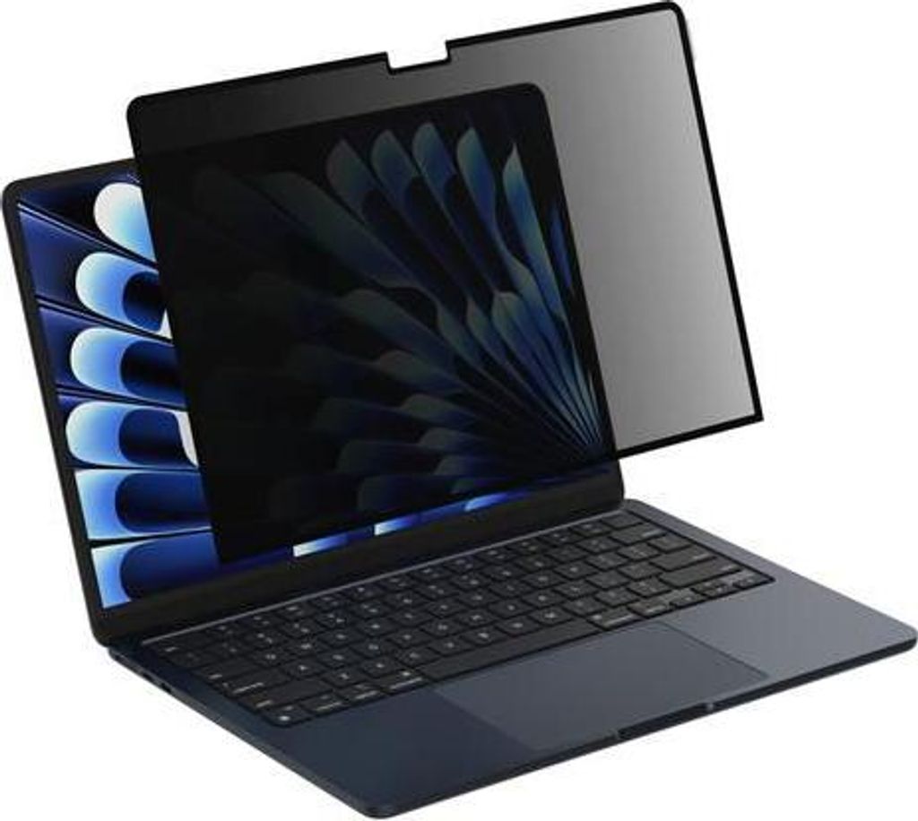 A laptop with a privacy screen filter attached.