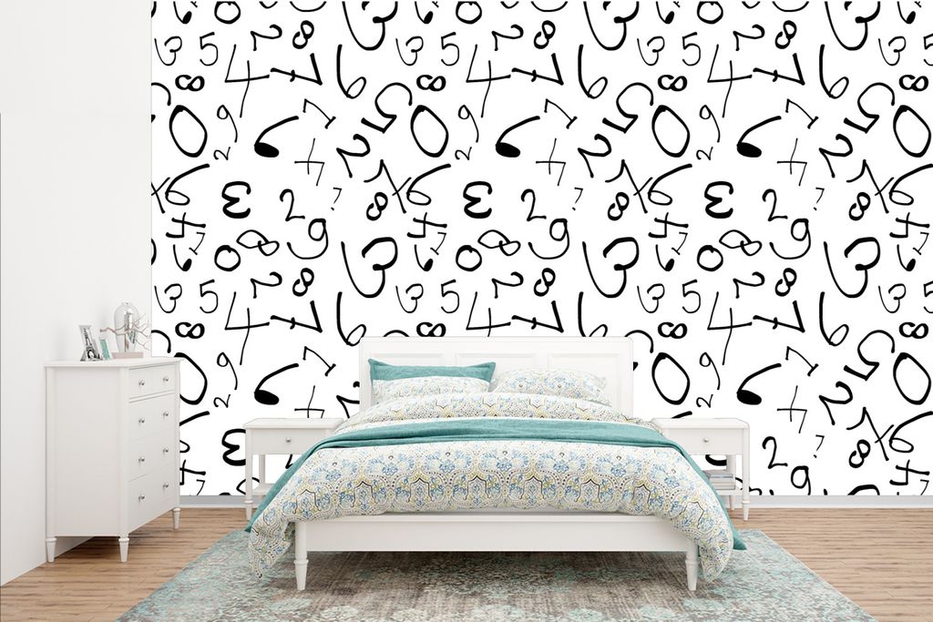 MuchoWow Fototapete für Wohnzimmer oder Schlafzimmer Wandtapete Vinyl Motivtapete Zahlen - Figuren - Muster - Schwarz und weiß - 385x240 cm - S...