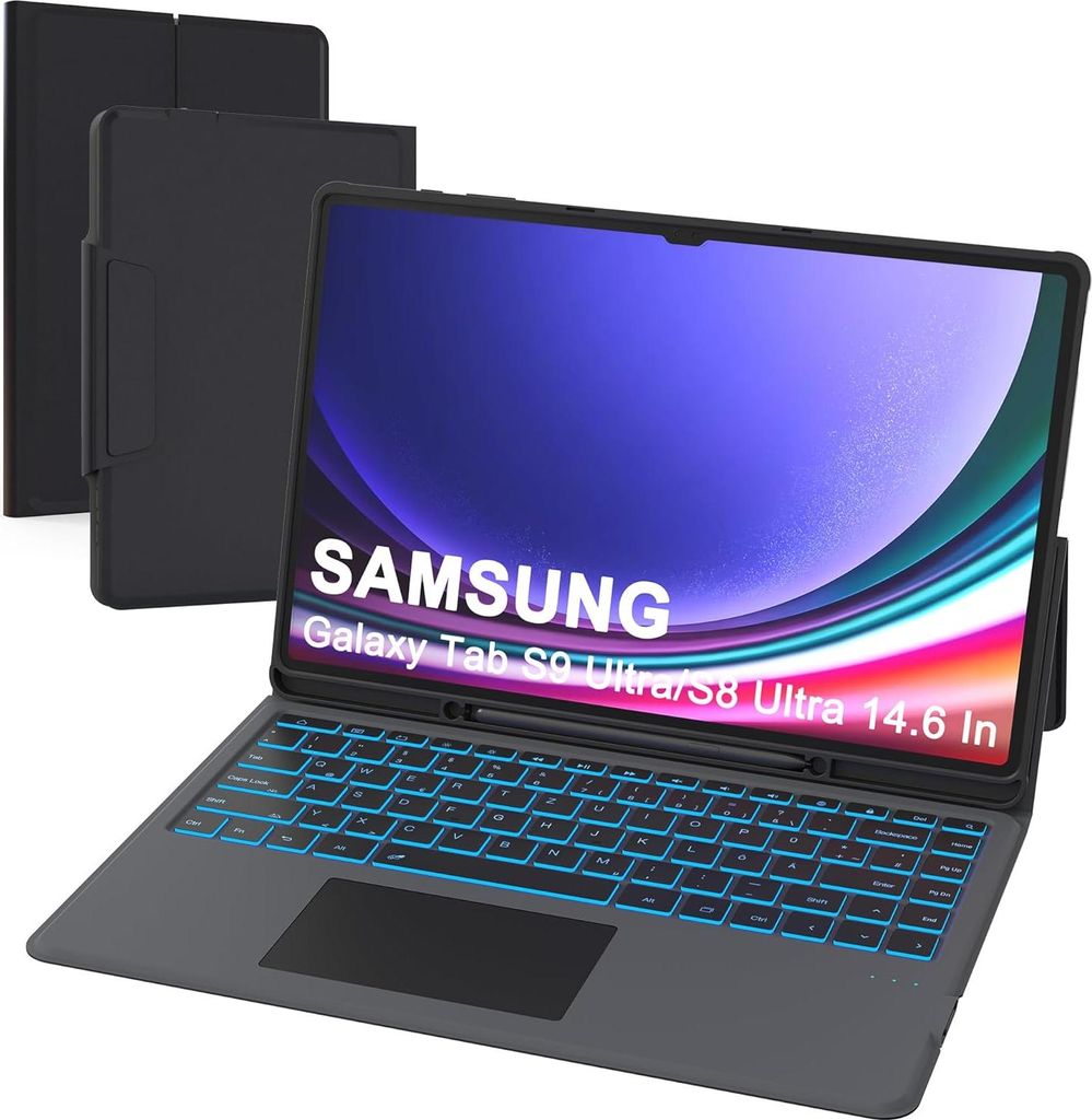 Tasche mit Tastatur für Galaxy Tab S9/S8 Ultra 14,6" ROOFEI QWERTZ Touchpad beleuchtet