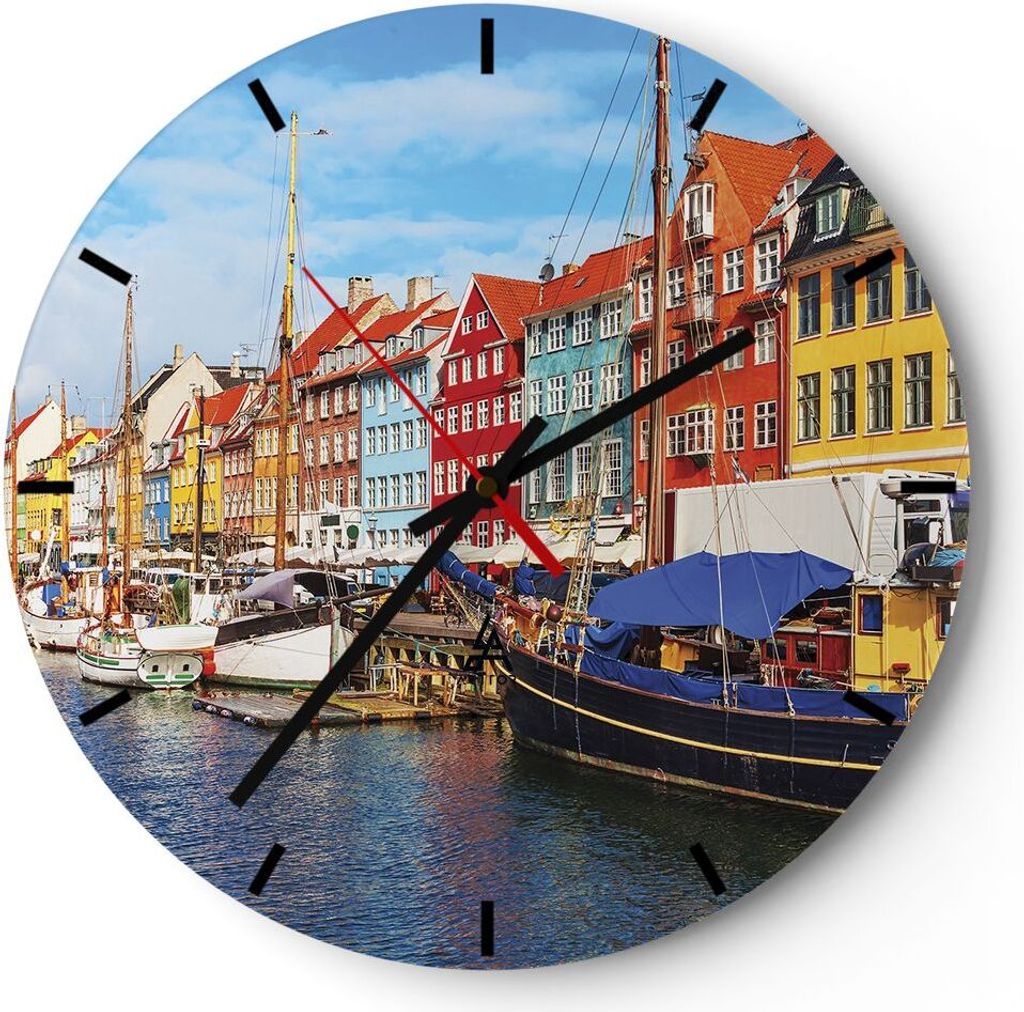 Wanduhr - Rund - Glasuhr - Kopenhagen Nahavn Schiffe - 30x30cm - Schleichendes Uhrwerk - Lautlos - zum Aufhängen bereit - Dekoration Modern - Wand...