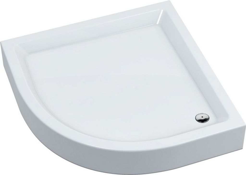 A white corner shower tray with a drain.