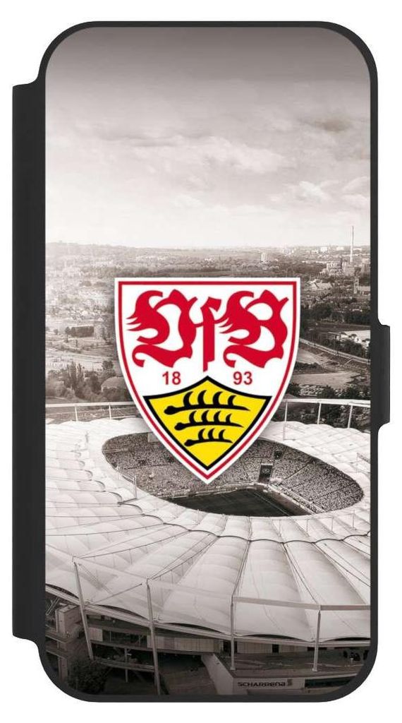 NIVOCASE Klapphülle für Apple iPhone 12 Handyhülle aus Kunst Leder NIVOflip schwarz Offizielles Lizenzprodukt Stadion VfB Stuttgart