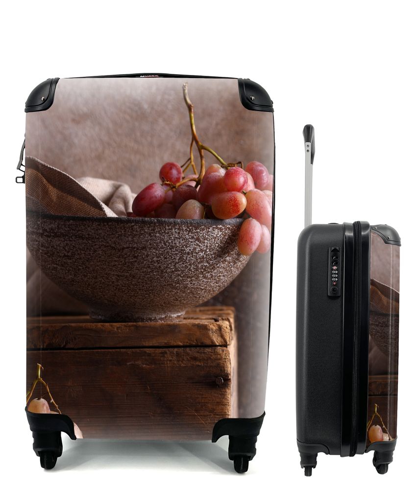 MuchoWow Koffer Handgepäck Trolley Rollkoffer Kleine Reisekoffer mit 4 Rollen - Rustikal - Weintrauben - Schale - Stilleben - Obst - Cabin Size ...