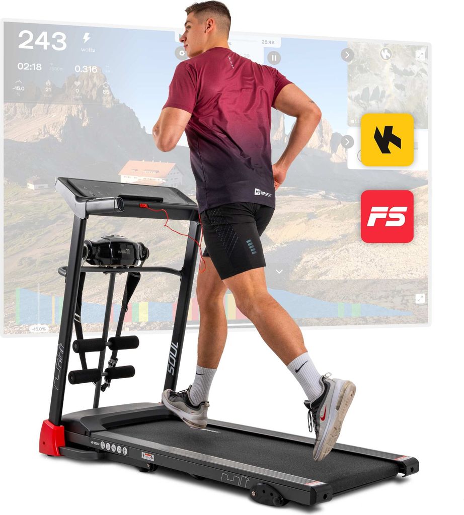 Hop-Sport HS-1200LB Soul - 3in1 Laufband für zuhause inkl. Massagegerät und Sit-Up Station - Laufband klappbar mit LCD-Display, App-Steuerung, 15...