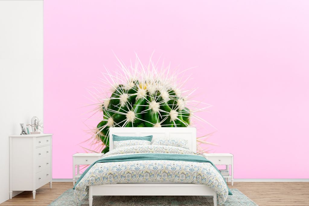 MuchoWow Fototapete für Wohnzimmer oder Schlafzimmer Wandtapete Vinyl Motivtapete Kaktus auf Rosa - 390x260 cm - Papiertapete