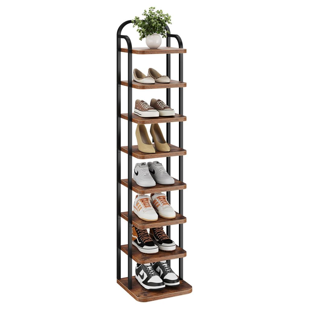 A tall, narrow shoe rack with eight wooden shelves and black metal supports, displaying various shoes on each shelf. A small plant sits on the top shelf.