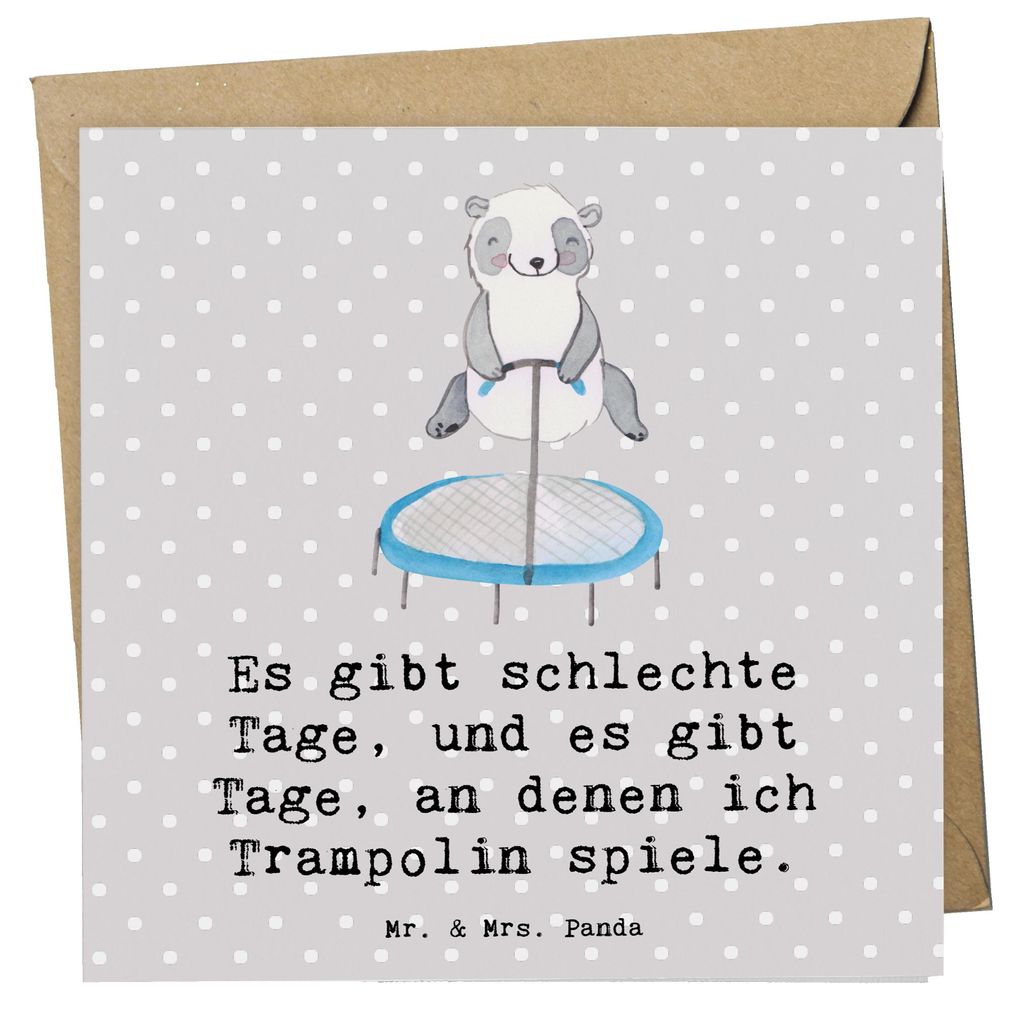 Mr. & Mrs. Panda Grußkarte Panda Trampolin springen - Grau Pastell - Geschenk, Klappkarte, faltkarte, Glückwunschkarte, doppelkarte, Turnen, Fitn...