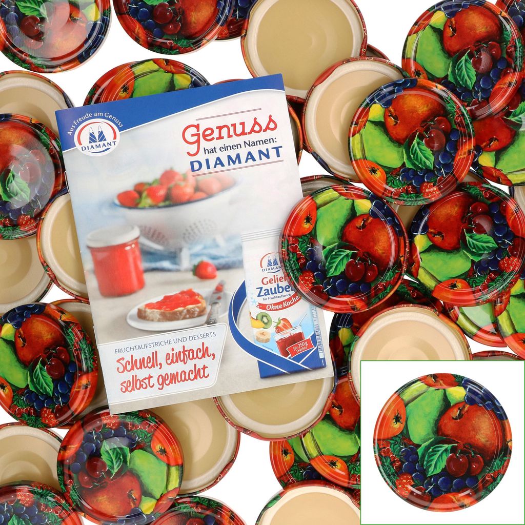A collage of jar lids with fruit designs and a brochure for jam.