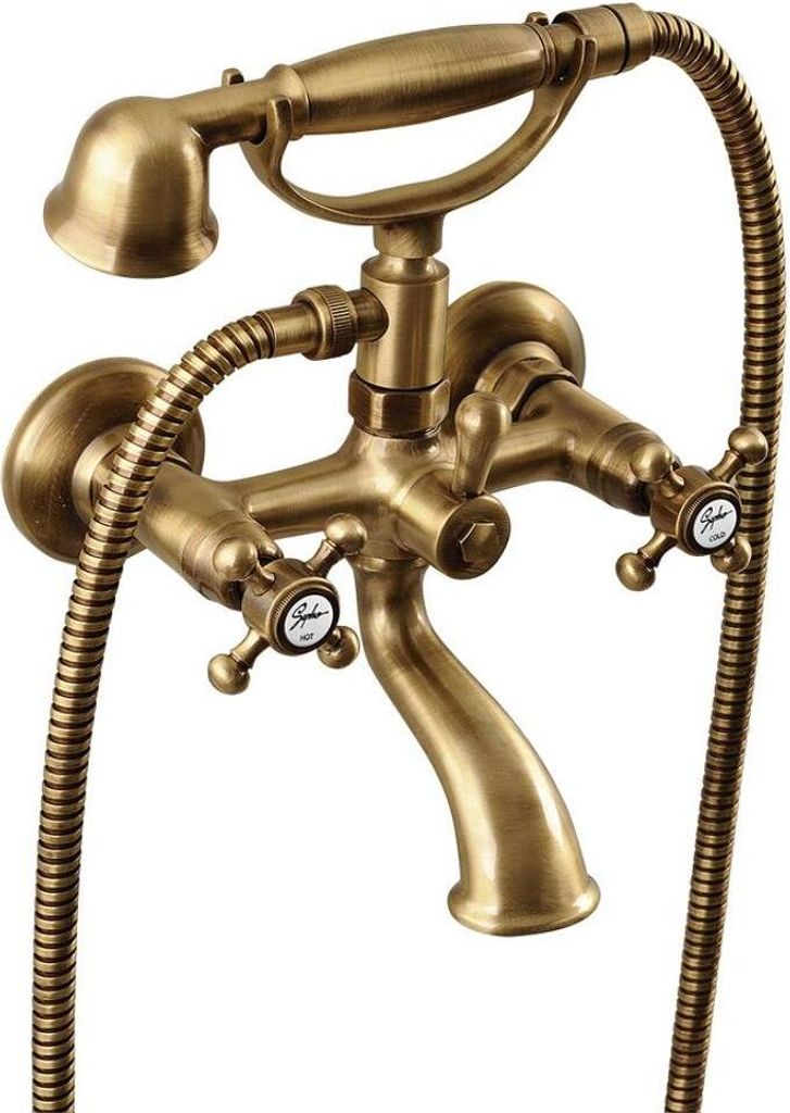A close-up studio shot of a vintage-style bathtub faucet with a handheld showerhead.