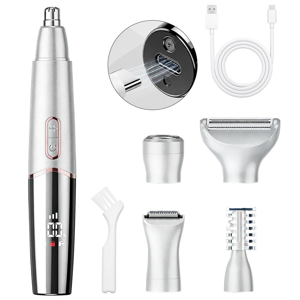 5-in-1 Elektrischer Trimmer für Damen, mit USB-Ladung, wasserdicht, für Nasenhaare, Augenbrauen, Achseln, Intimbereich, mit 5 Aufsätzen, weiß
