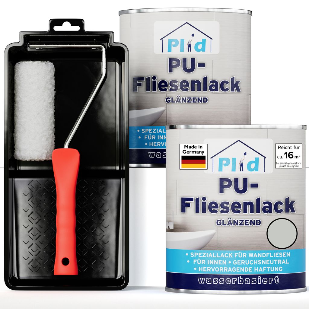 Plid Fliesenlack 1,5l Lichtgrau glänzend für ca. 16m² + Lackierset - Küche/Bad