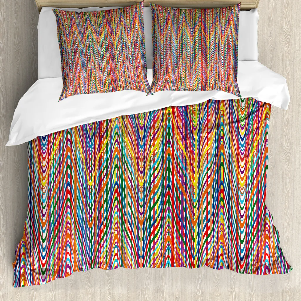 ABAKUHAUS Set copripiumino astratto per letti matrimoniali, linee colorate a zig zag, antiacaro, adatto a chi soffre di allergie, con federe, arancione, blu, bianco e rosso