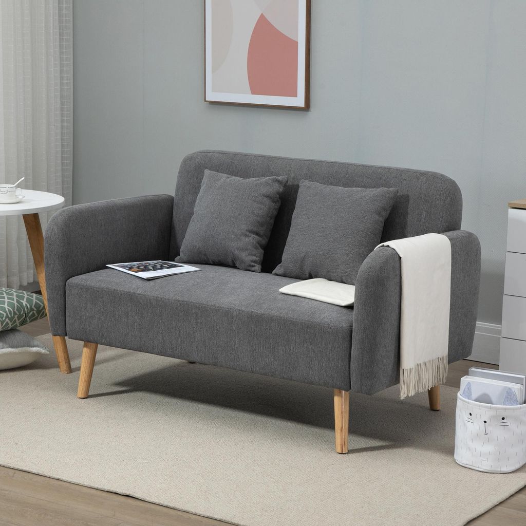 2-Sitzer-Sofa Samtoptik mit 2 Kissen, Loveseat Couch Polstersofa, Gummiholzbeine, Grau-Natur | 130x70x80 cm | bis 220 kg | Sitztiefe 56 cm