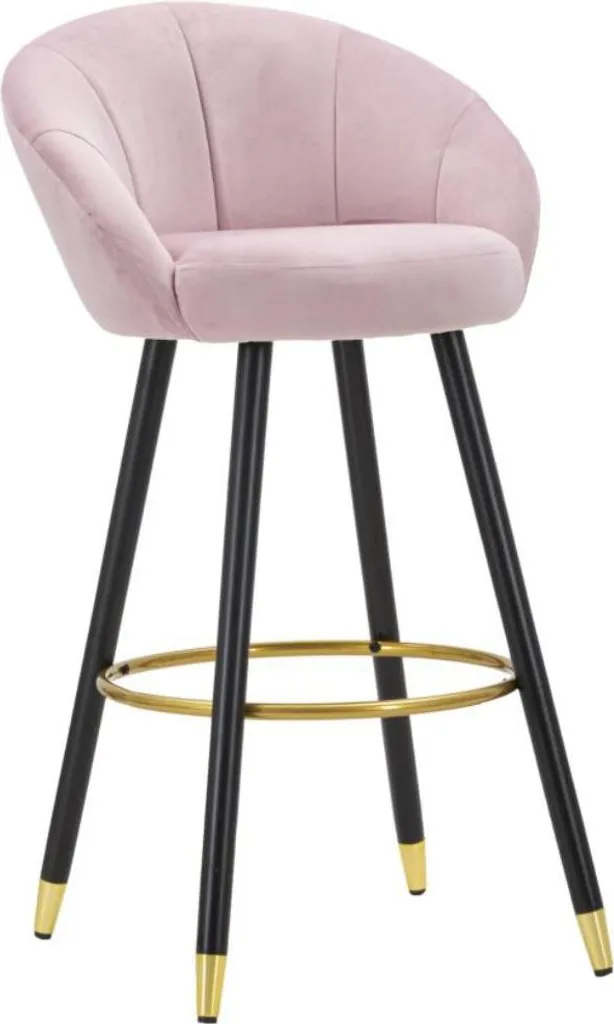 Tabouret de Bar Prague en Velours Rose et Bois Noir Or, Hauteur 80cm