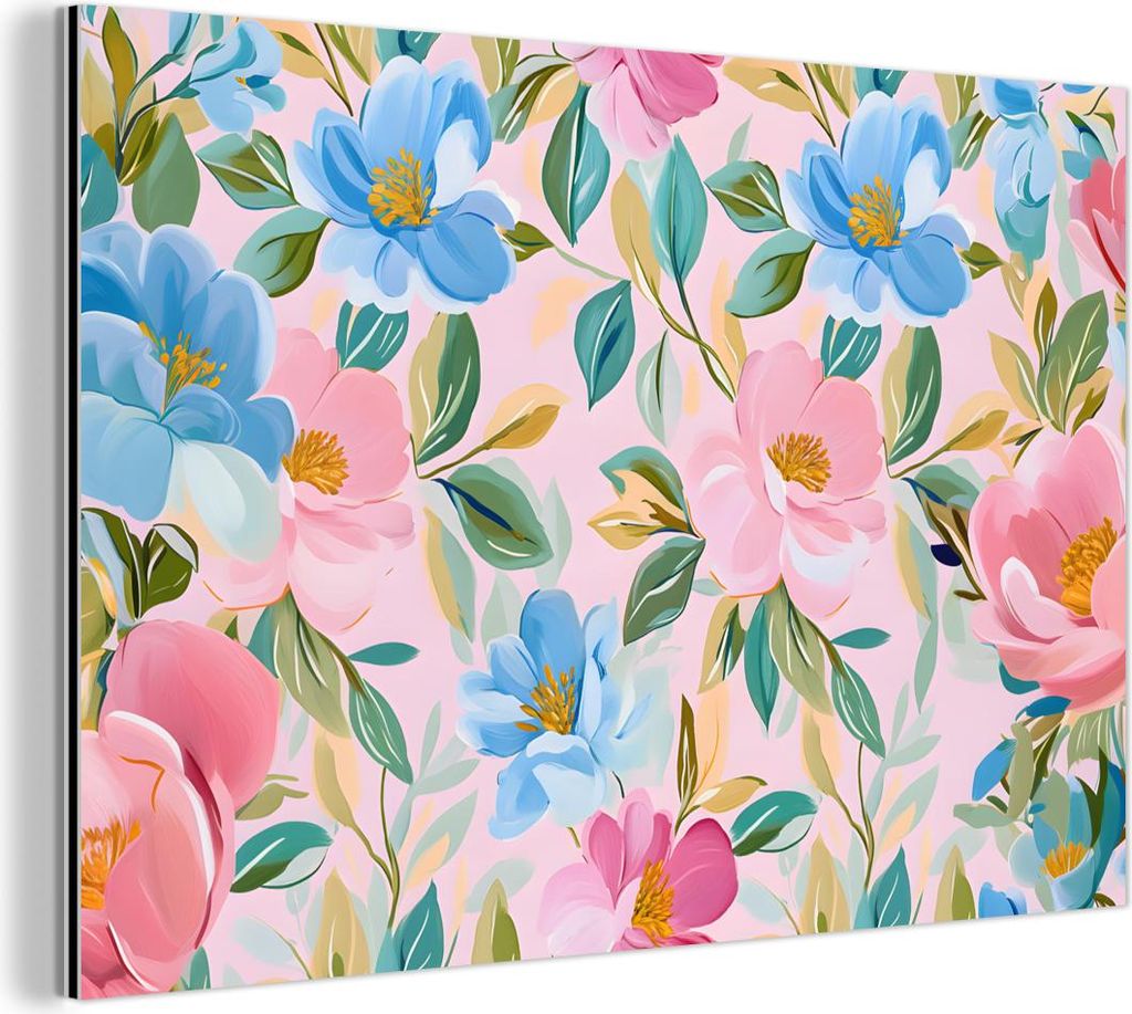 MuchoWow Wanddekoration Metall Metallbild Wandkunst 30x20 cm Blau - Rosa - Blumen MuchoWow Aluminium Gemälde - Aluminiumgemälder