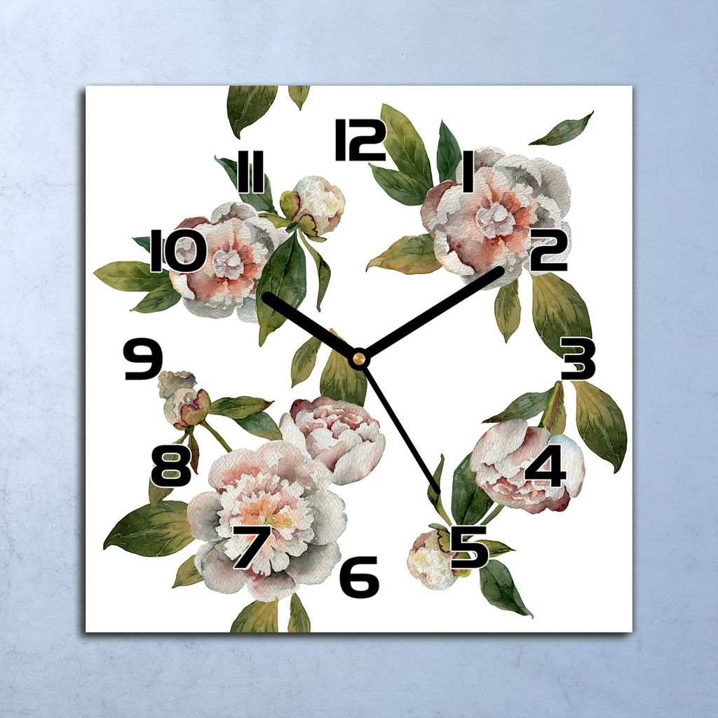 Wanduhr Echt-Glas-Küchenuhr Pfingstrosen Blumen Quarz 30x30 Produktbild 