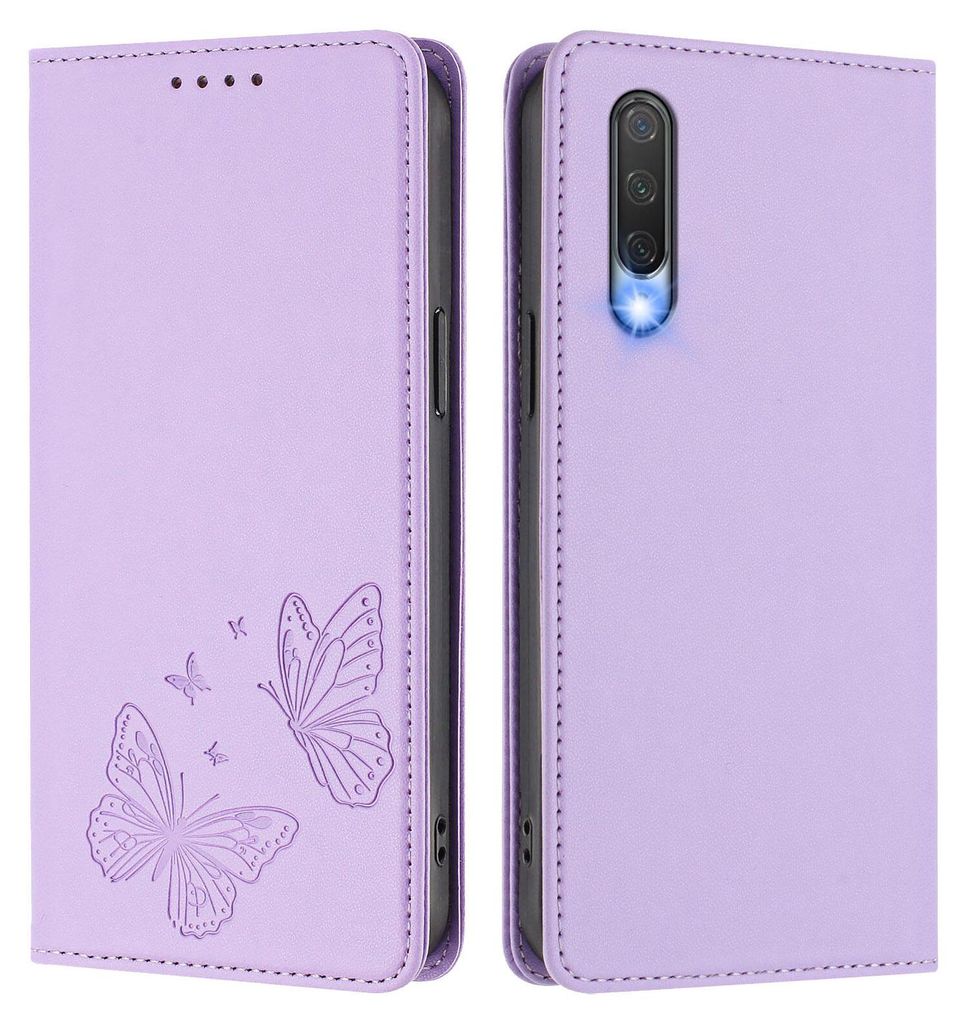 Lederhülle für Xiaomi Mi CC9 / Mi 9 Lite, Schmetterling Prägung Leder Brieftasche Schutzhülle mit Ständer Violett