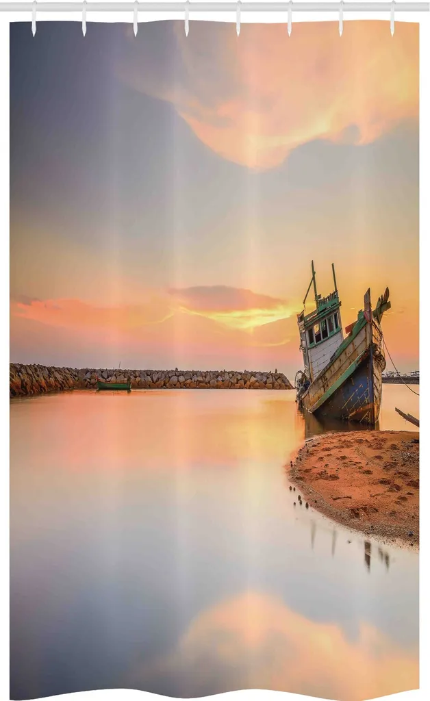 ABAKUHAUS Tenda da doccia nautica stretta, barca sulla spiaggia al tramonto, set decorativo per bagno in tessuto con ganci, 120 x 180 cm, blu