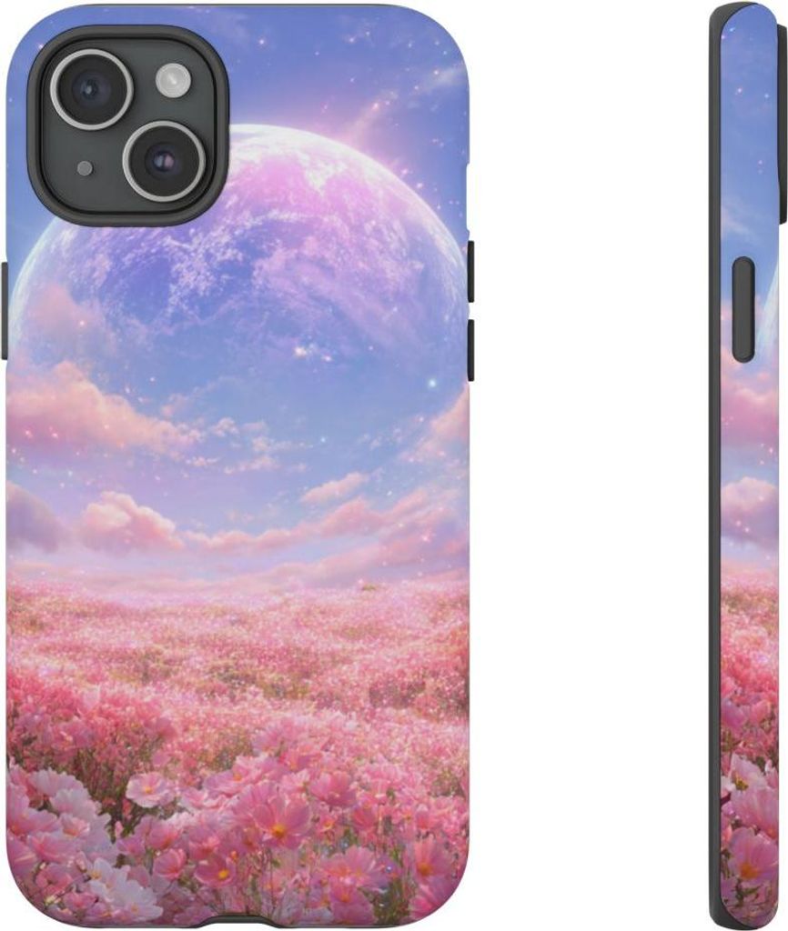 Blumenwiese in Rosa mit leuchtendem Planeten – Hülle Kompatibel mit iPhone 15 Plus