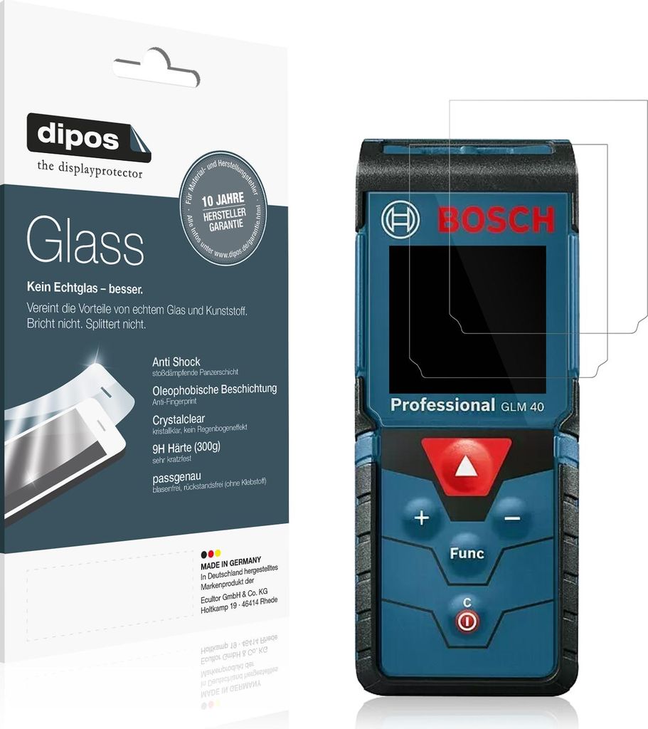 2x Schutzfolie für Bosch Professional Laser GLM 40 - Anti-Shock 9H Folie dipos Glass Kunststoffglas