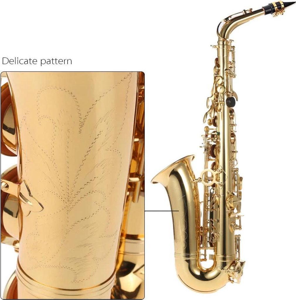 Eb-Altsaxophon, Messing, goldlackiert, Es-Saxophon 802, Klappenmechanik, Holzblasinstrument, inklusive Reinigungsbürste, Tuch, Handschuhe, Trageri...