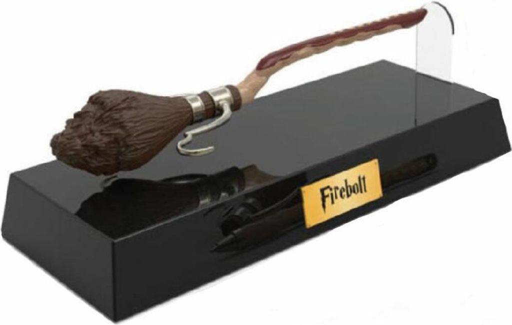 A Harry Potter Firebolt broomstick pen displayed on a black stand.