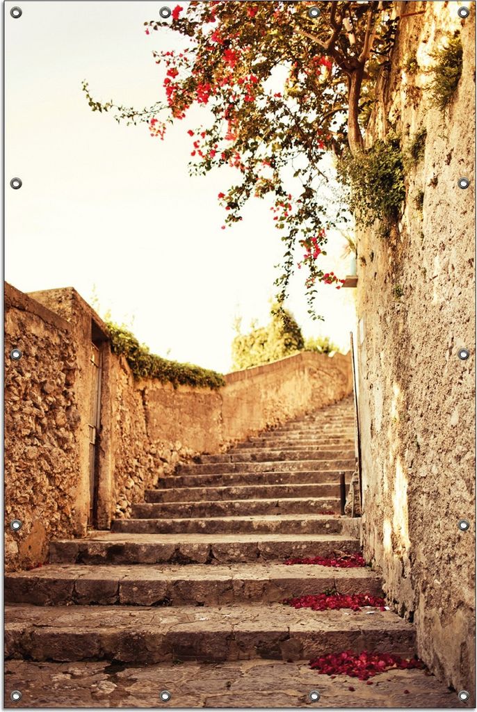 Wallario Outdoor-Poster für Garten oder Balkon, Motiv Steinerne Treppe in Italien, in ca. 120 x 180 cm