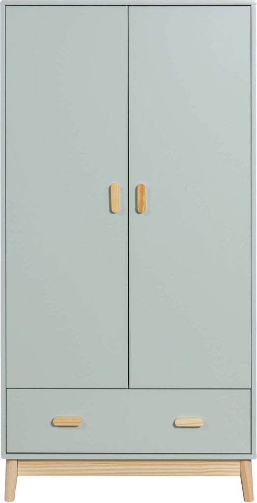 A front view of a light blue wardrobe with wooden handles and a drawer.