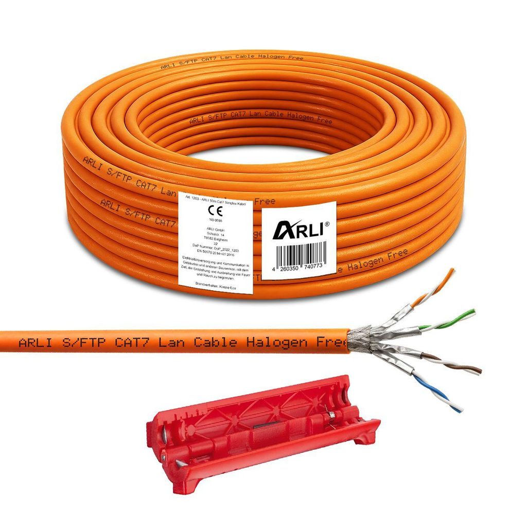 ARLI Cat7 50 m Verlegekabel S/FTP PIMF halogenfrei + Universal Kabelmesser – Netzwerkkabel für feste LAN Installationen