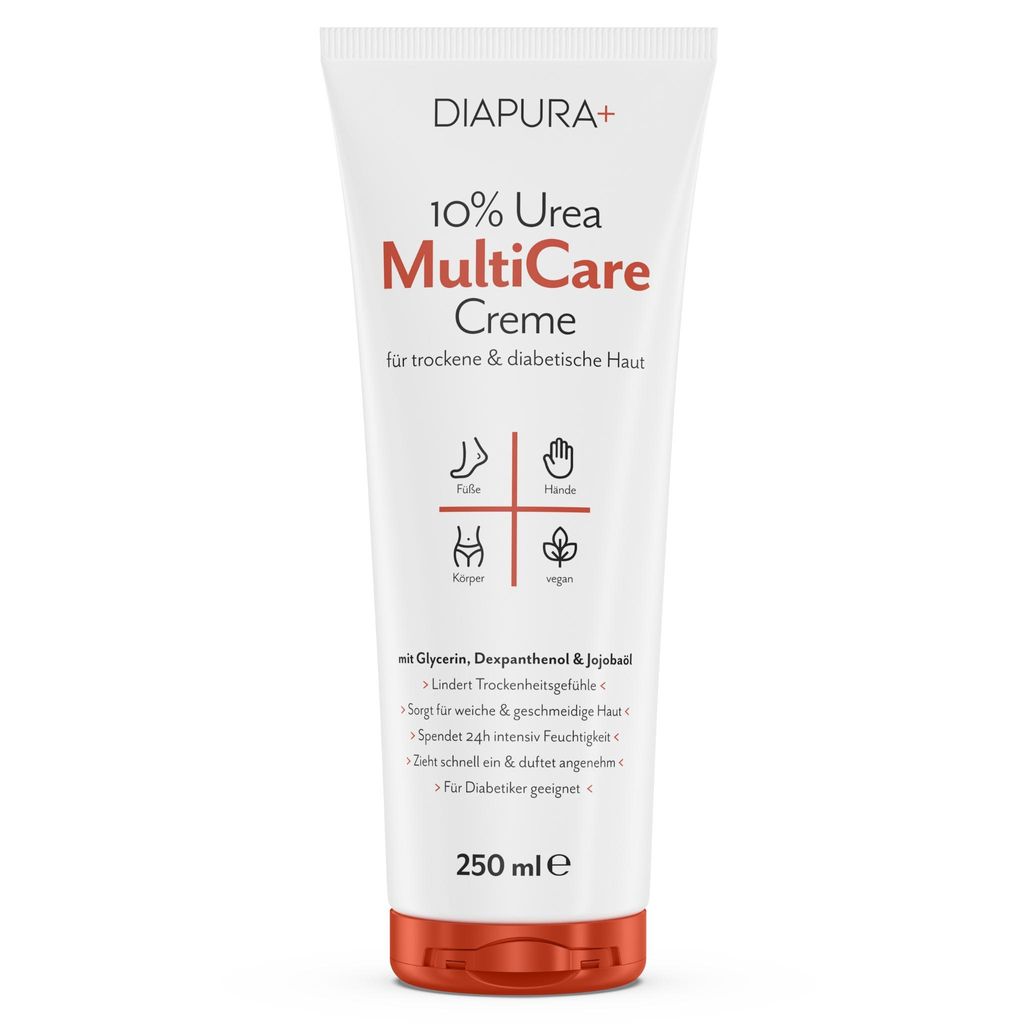 DIAPURA MultiCare 10% Urea Creme, 250 ml, für trockene Haut, Bodylotion, Körpercreme, Fußcreme für rissige Fersen, Handcreme, für Diabetiker g...