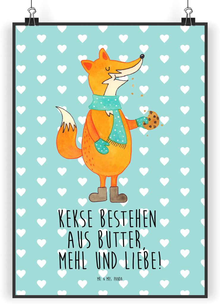 Mr. & Mrs. Panda Bild Fuchs Keks DIN A5 - Türkis Pastell - Geschenk, Liebe, Wanddekoration, Plakat, Frieren, Weihnachtlich, Wandbild, wanddeko, We...