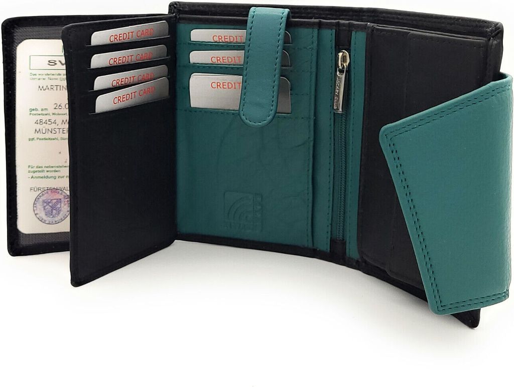 Jockey Club echt Leder Damen Geldbörse Portemonnaie Geldbeutel viele Fächer mit RFID Schutz schwarz petrol