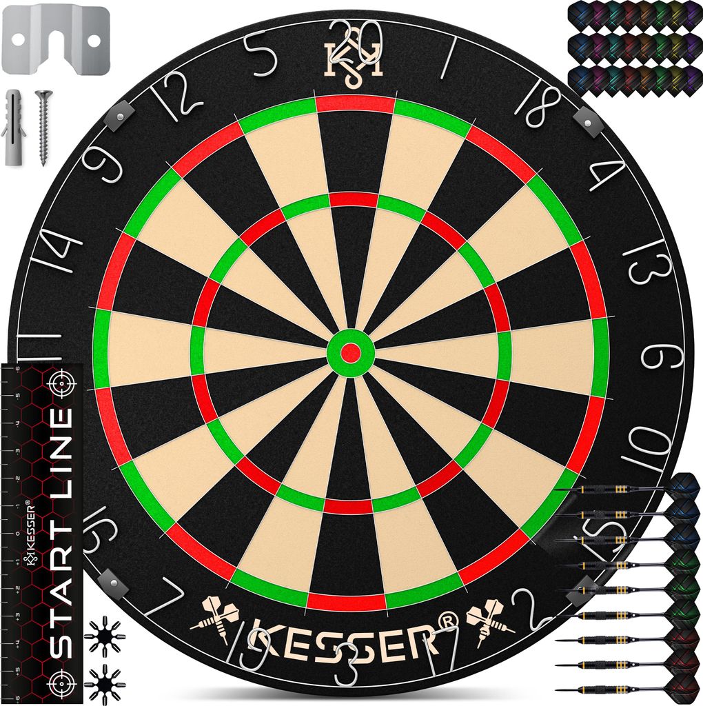 KESSER Dartscheibe Sisal mit 9 Dartpfeile Professional Dartboard + 21 Pro Flights + Zubehör Steeldart Offizielles Dartscheibe 9 Pfeilen Metallsp...