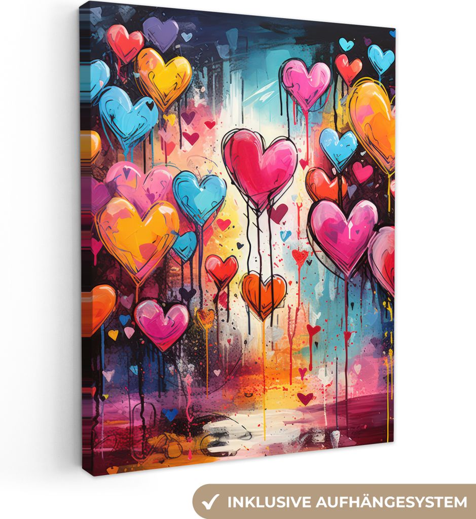 Leinwandbilder 60x80 cm - Graffiti - Herzen - Farben - Kunst - Liebe, Bilder Wohnzimmer Modern, Wanddeko