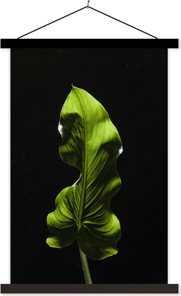 MuchoWow Textilposter Ein grünes Blatt auf schwarzem Hintergrund 60x90 cm mit schwarzem Rahmen - Poster Wohnzimmer