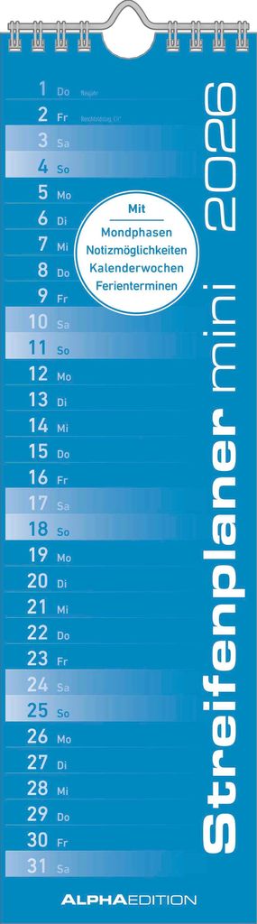 Alpha Edition Streifenplaner Mini Blau Kalender 2026 - 9,5x33 cm - Kompakter Wandplaner für Singles - Schlichtes Design für Küche, Büro & Flur ...