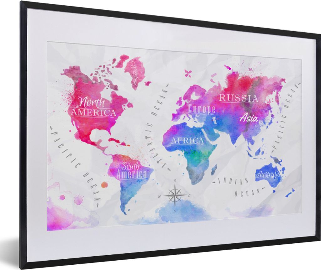 MuchoWow MuchoWow Gerahmtes Poster Farben - Weltkarte - Ölfarben 60x40 cm - Poster mit zchwarzem Bilderrahmen - Schlafzimmer - Plakat in Rahme...