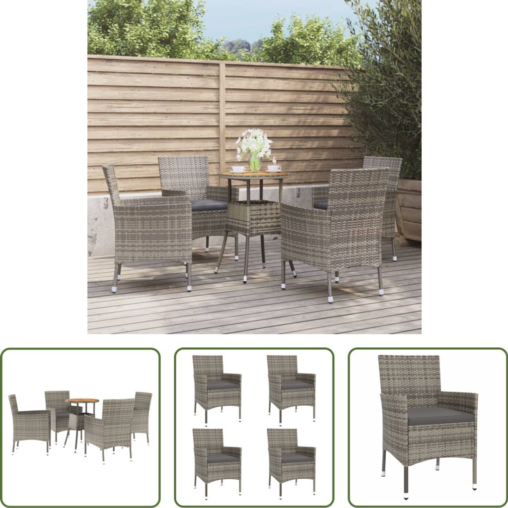 The Living Store 5-tlg. Garten-Bistro-Set mit Kissen Grau Poly Rattan