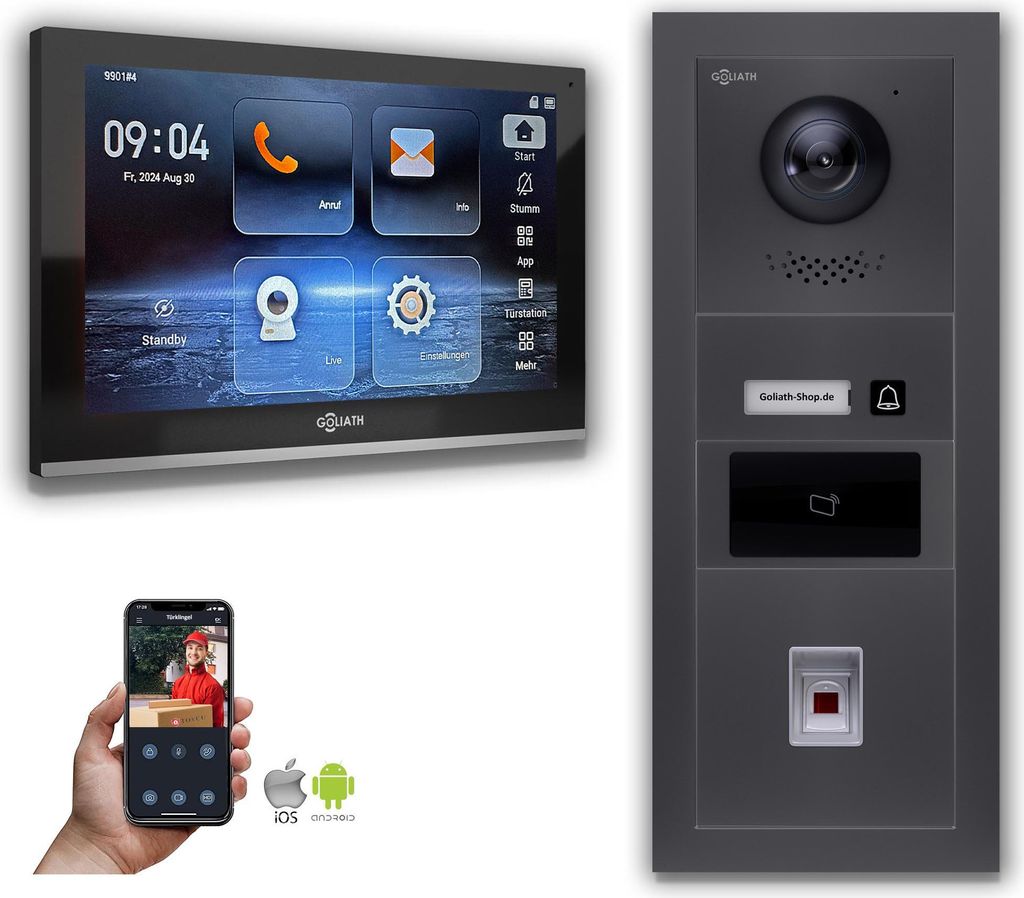 Goliath IP Video Türsprechanlage mit Kamera 10-Zoll Fingerprint RFID Anthrazit : 10 Zoll in Schwarz : Aufputzdose : 1 Monitor Anzahl: 1 Monitor Fa...