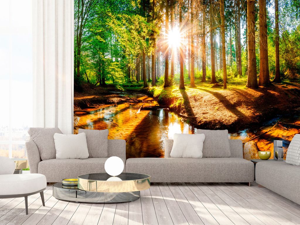 Vlies Fototapete Wald 400x280 cm Tapeten Wandtapete XXL Waldlandschaft Sonne grün Natur Wasser c-B-0267-a-a