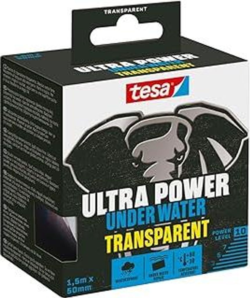 tesa Ultra Power Under Water Transparent - wasserfestes Klebeband - Abdichtungsband für Pool, Zelt und Dachrinne - starke Klebeleistung für Repar...