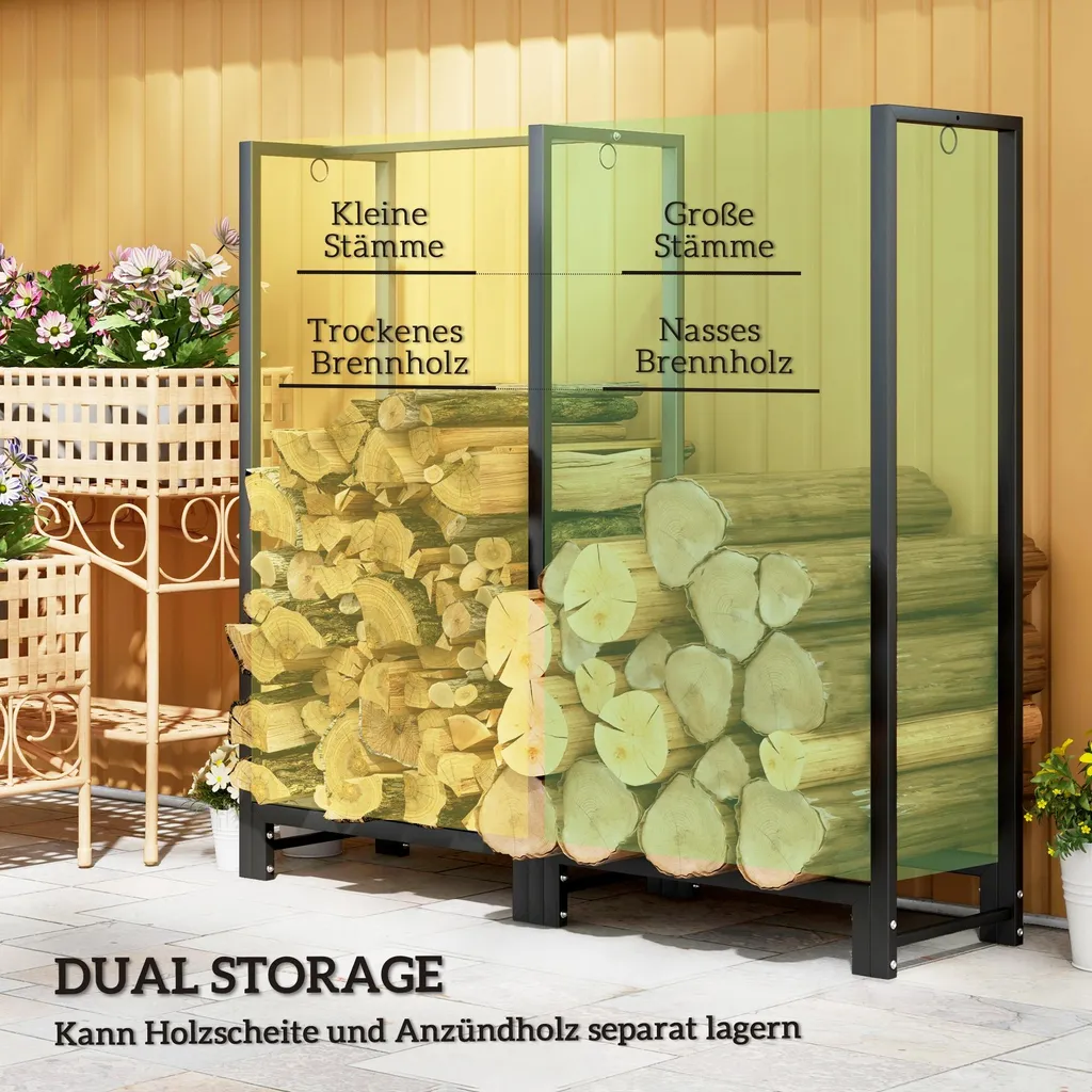 Range-Bûches Double Compartiment 123 cm avec 3 Crochets Accessoires - 4