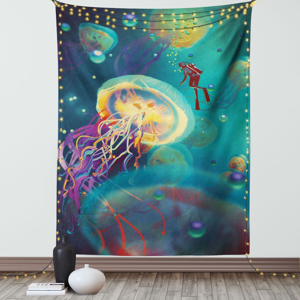 ABAKUHAUS Fantasie Wandteppich, Riesige Quallen und Taucher im Meer Unterwasser-Unterwasser Aquatic Artwork Print, Wohnzimmer Schlafzimmer Seidiger...