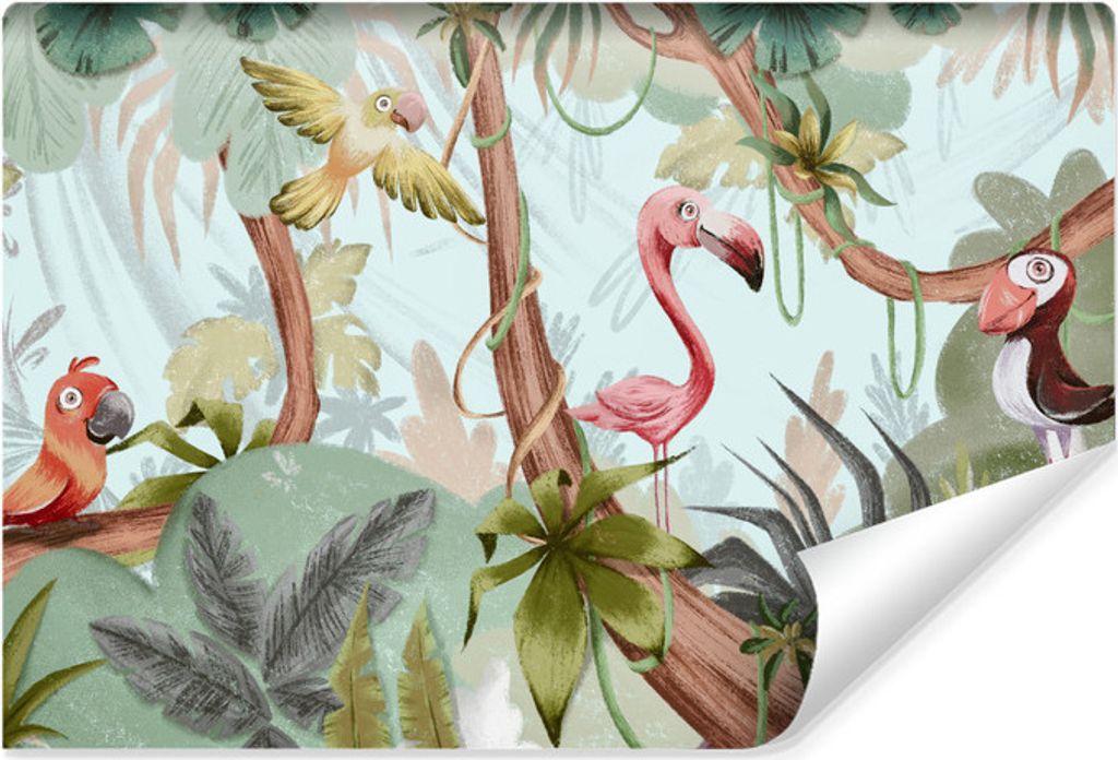 Muralo Vlies Fototapete für Kinderzimmer bunte VÖGEL tropische Blätter Br. 405cm x Hö. 270cm