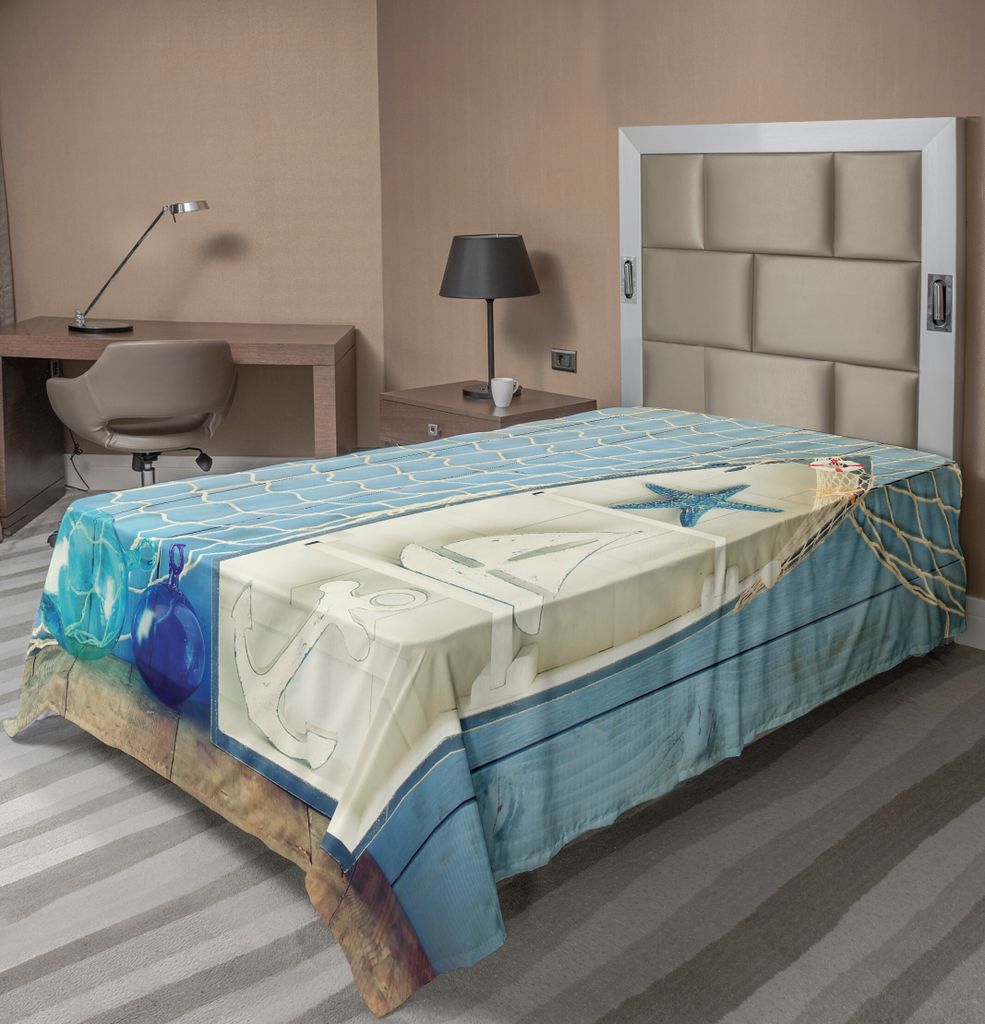 ABAKUHAUS Nautisch Bettlaken, Nautisches Seestern Anker Fischnetz Maritimes Meeresthema Boot Hölzerne Wand Foto Muster, weiches bequemes oberes Be...