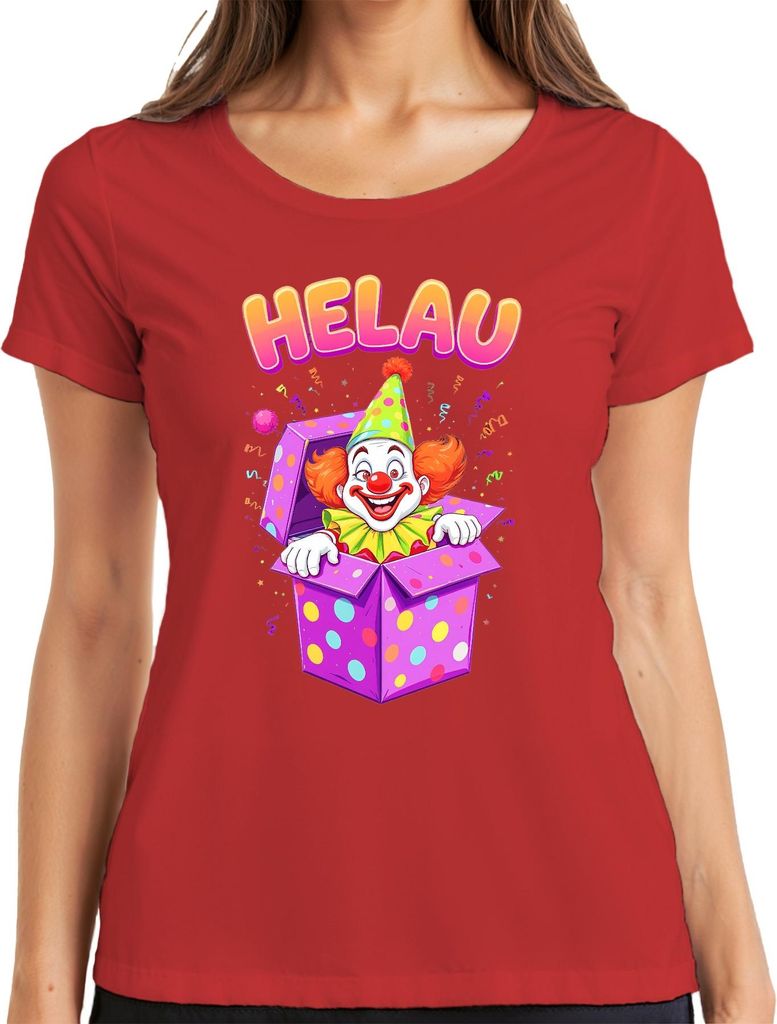 HELAU Karneval Clown Konfetti Geschenkbox rote Nase lustig Damen T-Shirt, Rot, M