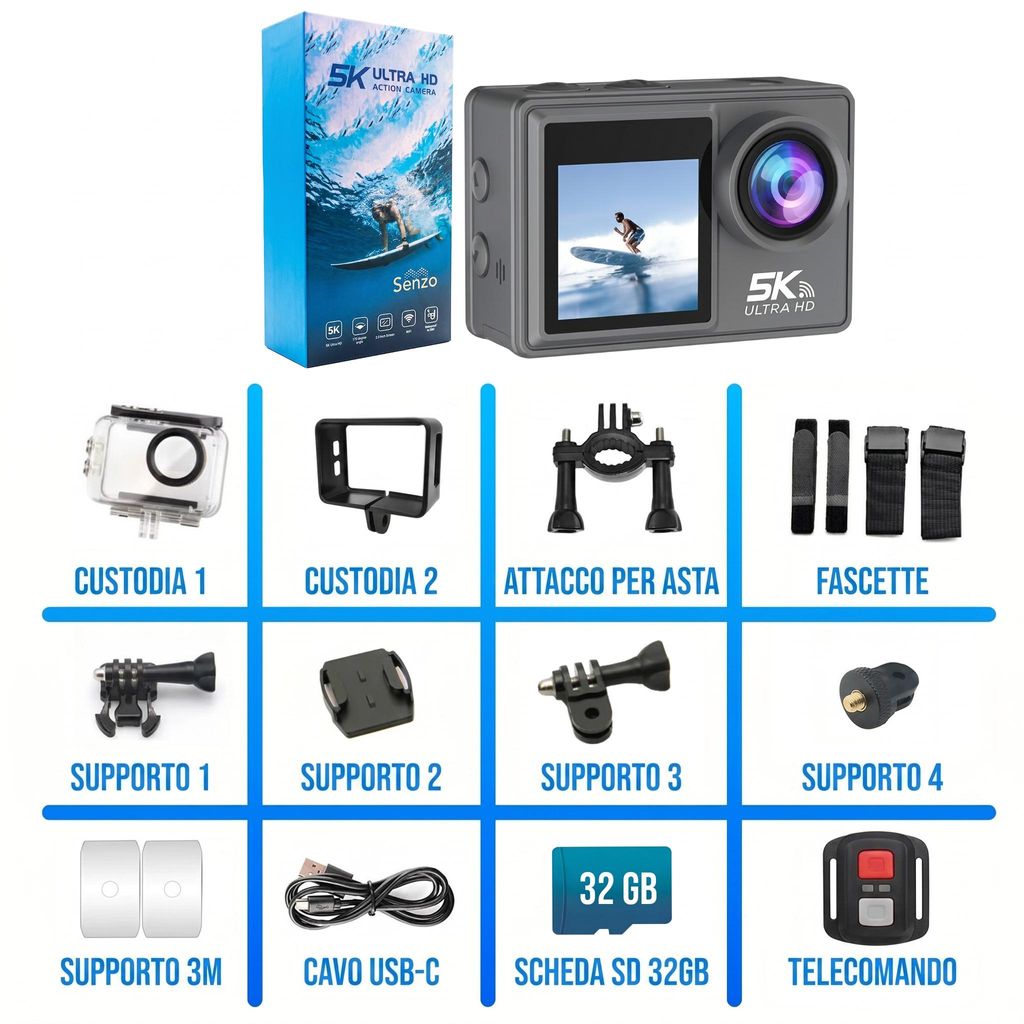 Senzo Action Cam 5K - 50MP - 60FPS - WiFi - Fotocamera Immagine del prodotto 