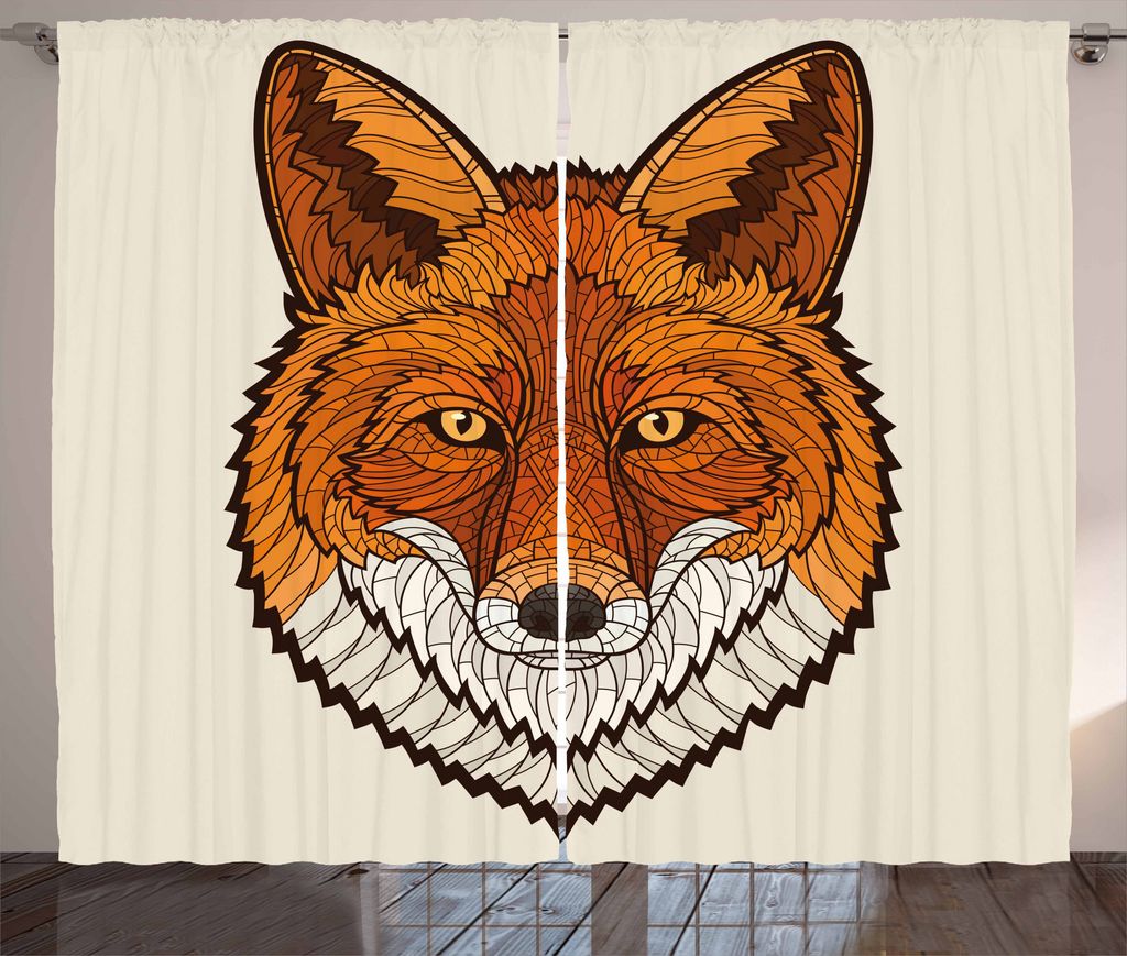 ABAKUHAUS Fuchs Rustikaler Gardine, Mascot Gesichts-Mosaik-Stil, Schlafzimmer Kräuselband Vorhang mit Schlaufen und Haken, 280 x 175 cm, Orange We...