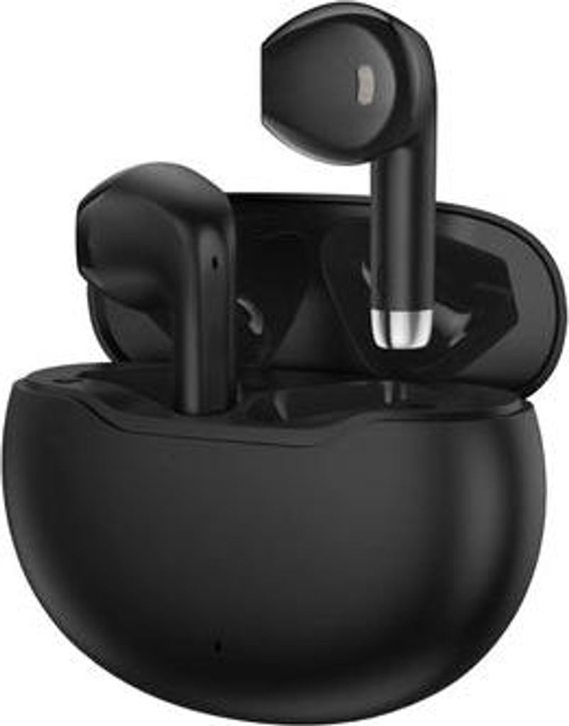 A pair of black wireless earbuds and their charging case are shown.